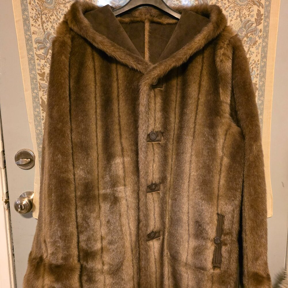 🎁 NWT Brown Faux Fur Shearling & Suede Reversible Hooded Coat Size L
